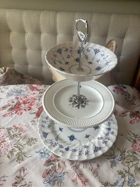 Three-Tier Porcelain Serving Stand - White with Blue Floral